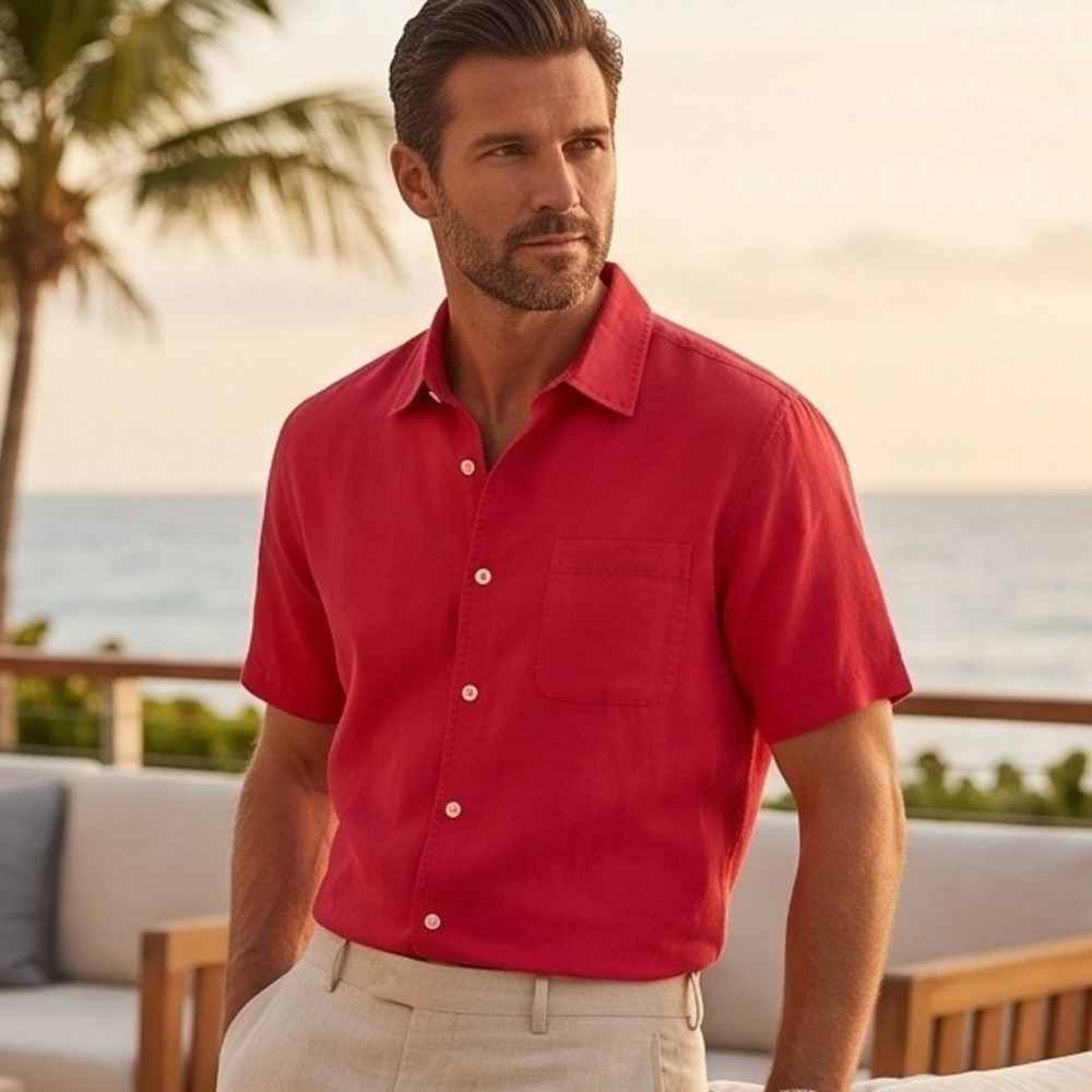Tommy Bahama Men's M Silk Camp Shirt Truly Red Hawaiian Herringbone NWT $118